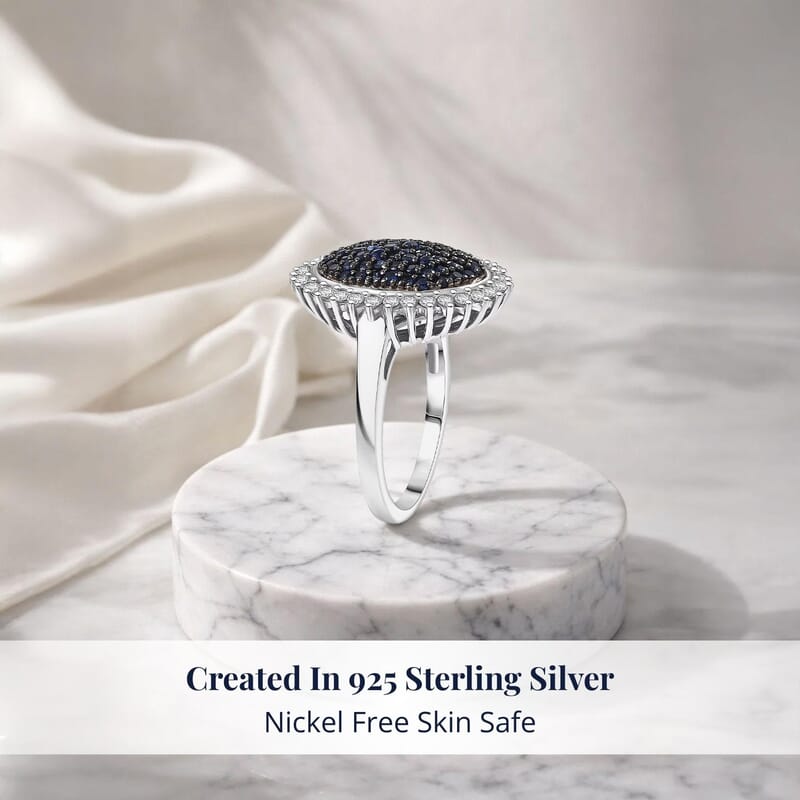 D'Joy Ceylon Blue Sapphire, Moissanite Ring in Rhodium Over Sterling Silver 1.85 ctw (Size 9.0)