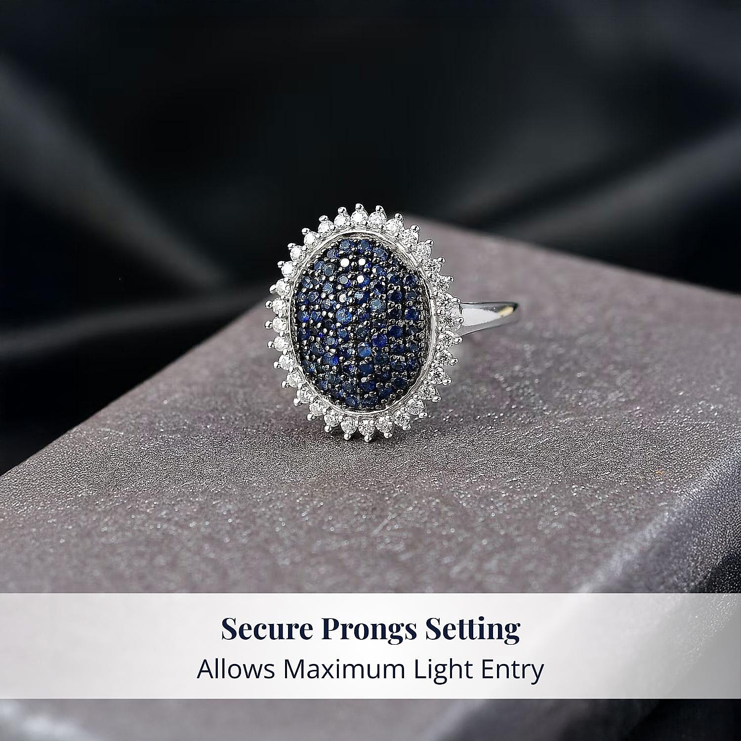 D'Joy Ceylon Blue Sapphire, Moissanite Ring in Rhodium Over Sterling Silver 1.85 ctw (Size 9.0)