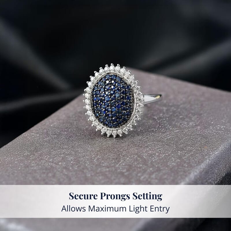 D'Joy Ceylon Blue Sapphire, Moissanite Ring in Rhodium Over Sterling Silver 1.85 ctw (Size 9.0)
