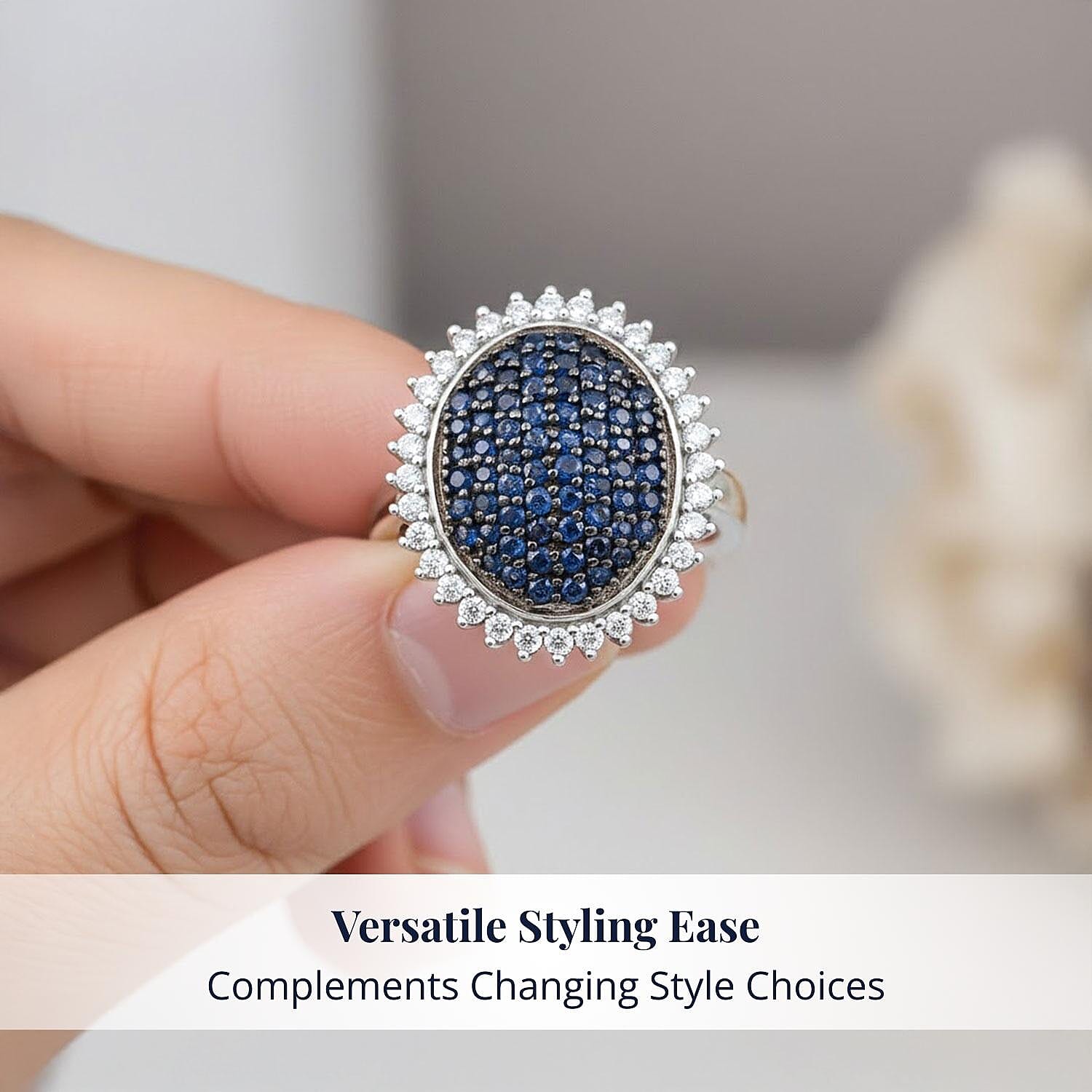 D'Joy Ceylon Blue Sapphire, Moissanite Ring in Rhodium Over Sterling Silver 1.85 ctw (Size 9.0)