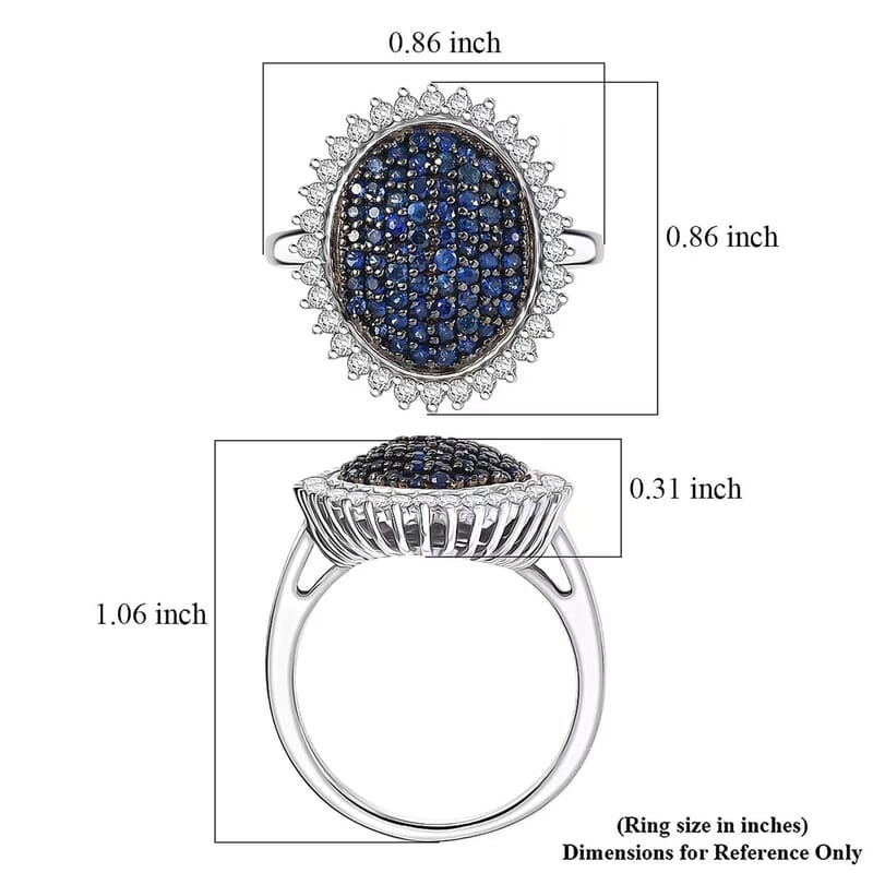 D'Joy Ceylon Blue Sapphire, Moissanite Ring in Rhodium Over Sterling Silver 1.85 ctw (Size 9.0)
