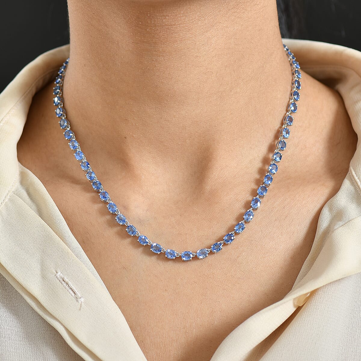 Luxoro AAA Ceylon Blue Sapphire Tennis Necklace in 10K White Gold 28.80 ctw (18 Inches) image number 2