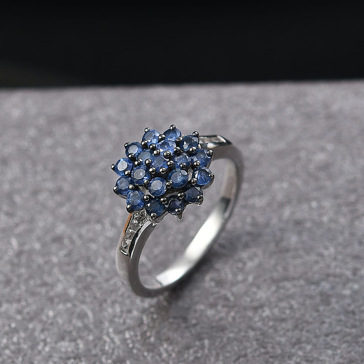D'Joy Premium Ceylon Blue Sapphire, White Zircon Royal Bloom Ring in Rhodium Over Sterling Silver (Size 10.0) 1.25 ctw image number 1