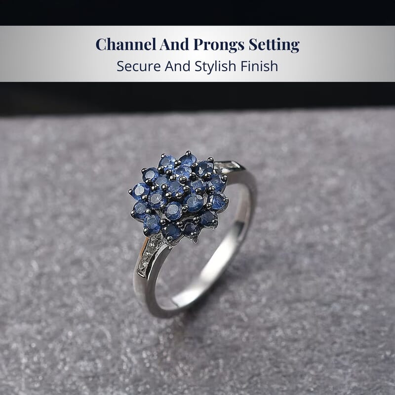 D'Joy Ceylon Blue Sapphire, White Zircon Royal Bloom Ring in Rhodium Over Sterling Silver 1.30 ctw (Size 10.0)