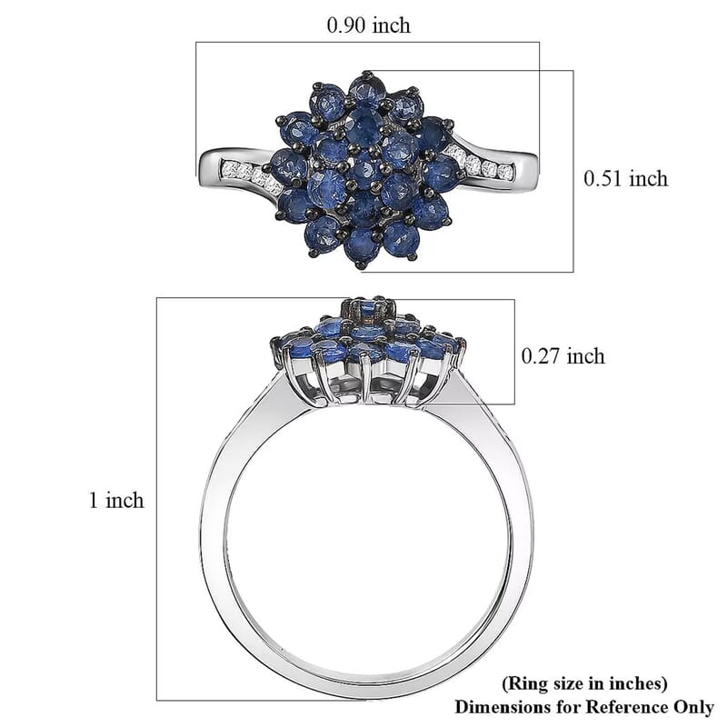D'Joy Ceylon Blue Sapphire, White Zircon Royal Bloom Ring in Rhodium Over Sterling Silver 1.30 ctw (Size 10.0)