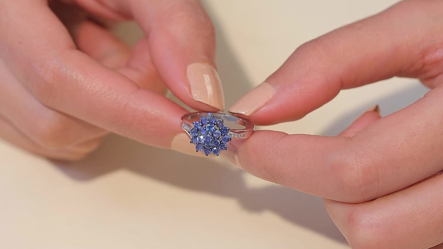 D'Joy Premium Ceylon Blue Sapphire, White Zircon Royal Bloom Ring in Rhodium Over Sterling Silver (Size 10.0) 1.25 ctw