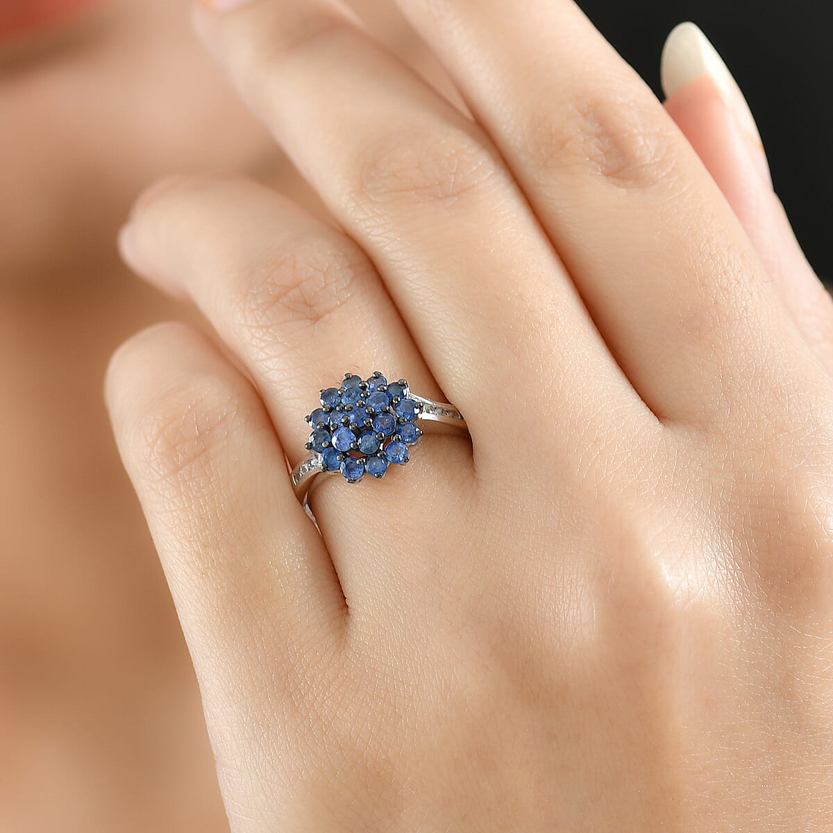 D'Joy Premium Ceylon Blue Sapphire and White Zircon 1.30 ctw Royal Bloom Ring in Rhodium Over Sterling Silver (Size 5.0) image number 2