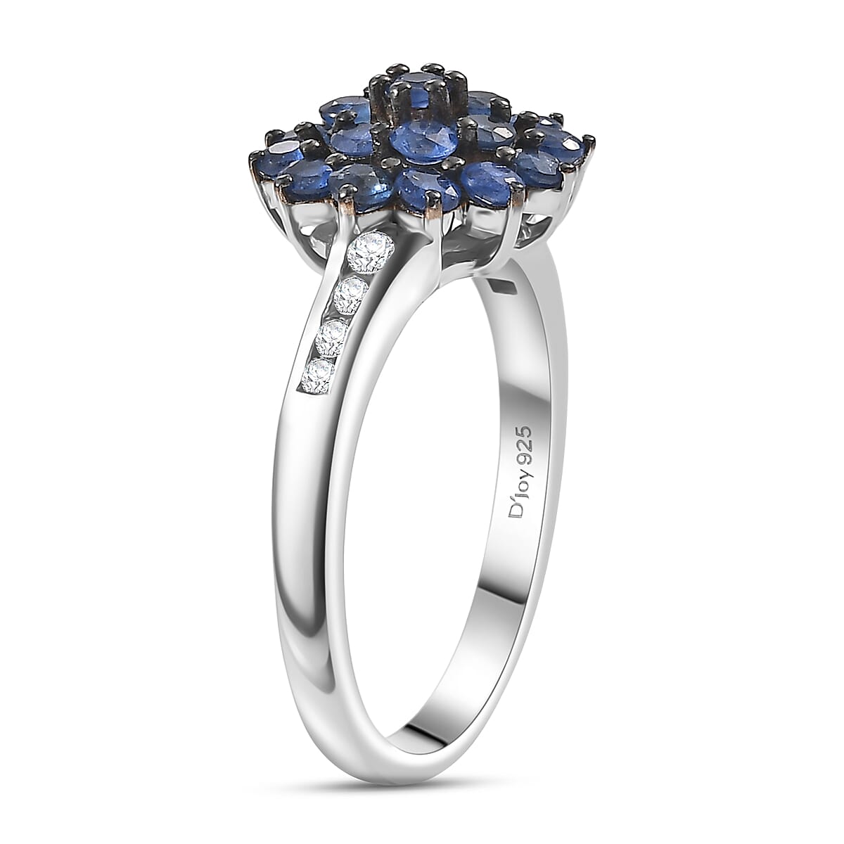 D'Joy Premium Ceylon Blue Sapphire and White Zircon 1.30 ctw Royal Bloom Ring in Rhodium Over Sterling Silver (Size 5.0) image number 3