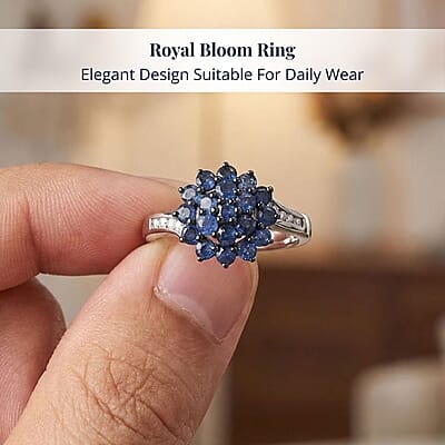 D'Joy Ceylon Blue Sapphire, White Zircon Royal Bloom Ring in Rhodium Over Sterling Silver 1.30 ctw (Size 5.0)