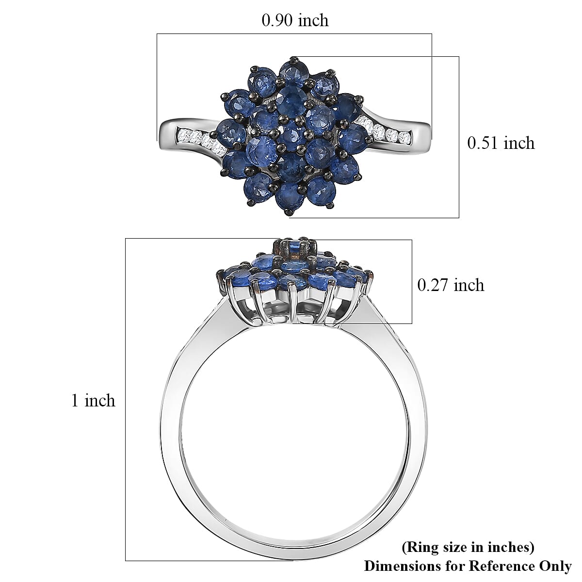 D'Joy Premium Ceylon Blue Sapphire and White Zircon 1.30 ctw Royal Bloom Ring in Rhodium Over Sterling Silver (Size 5.0) image number 5