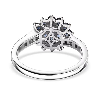 D'Joy Ceylon Blue Sapphire, White Zircon Royal Bloom Ring in Rhodium Over Sterling Silver 1.30 ctw (Size 5.0)
