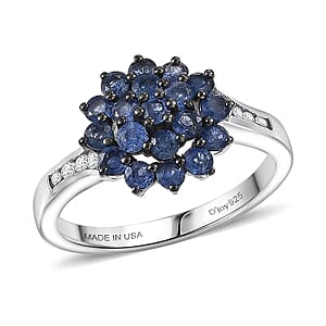 D'Joy Ceylon Blue Sapphire, White Zircon Royal Bloom Ring in Rhodium Over Sterling Silver 1.30 ctw (Size 6.0)