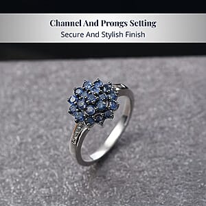 D'Joy Ceylon Blue Sapphire, White Zircon Royal Bloom Ring in Rhodium Over Sterling Silver 1.30 ctw (Size 6.0)