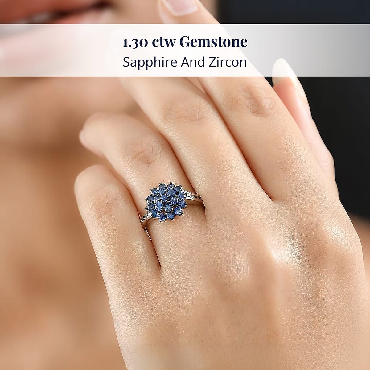 D'Joy Premium Ceylon Blue Sapphire and White Zircon 1.30 ctw Royal Bloom Ring in Rhodium Over Sterling Silver (Size 7.0) image number 1