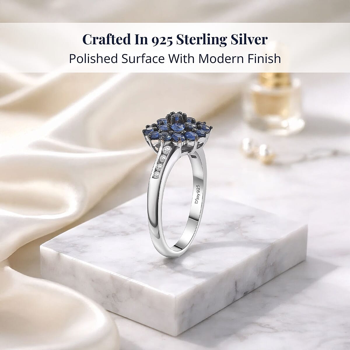 D'Joy Premium Ceylon Blue Sapphire and White Zircon 1.30 ctw Royal Bloom Ring in Rhodium Over Sterling Silver (Size 7.0) image number 2