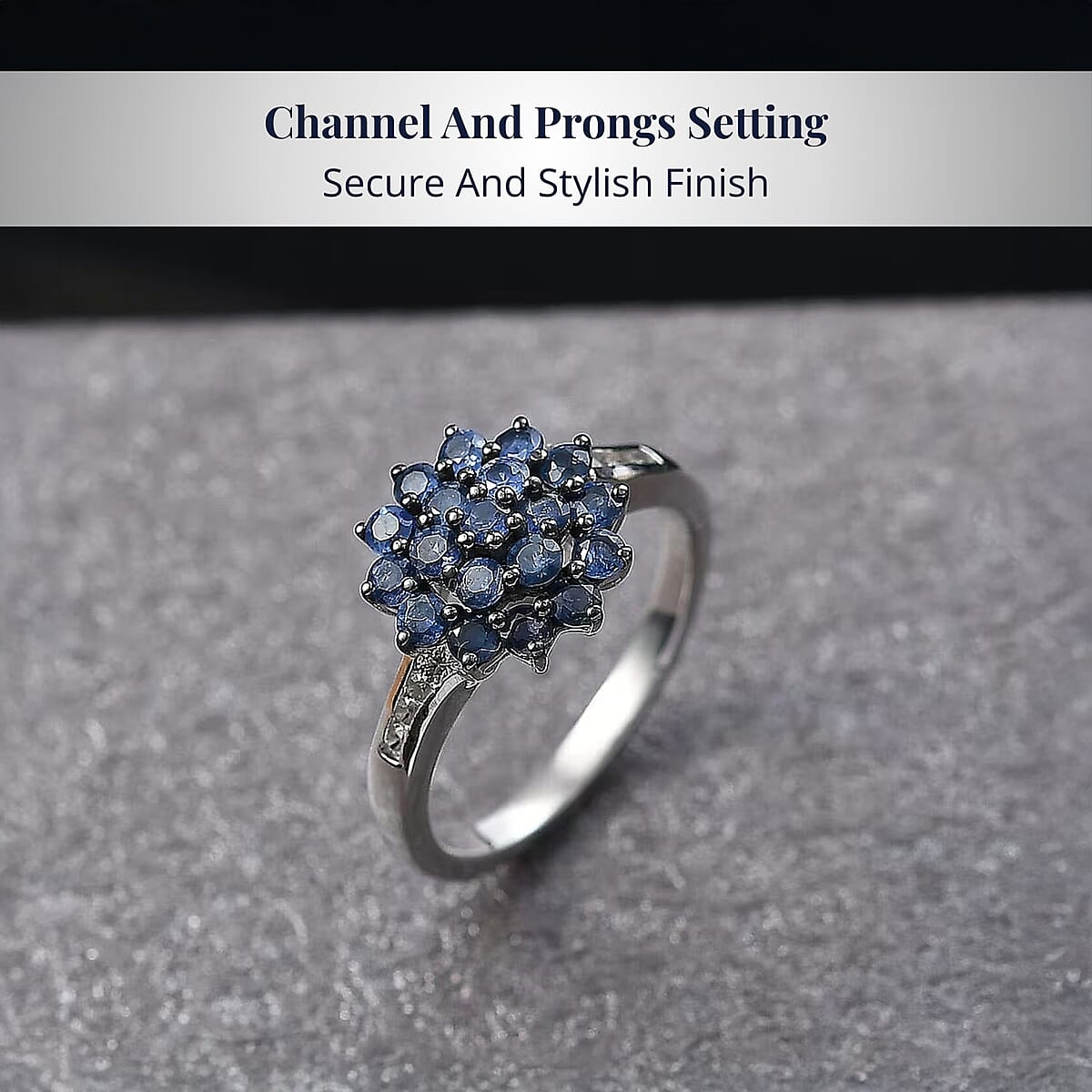 D'Joy Premium Ceylon Blue Sapphire and White Zircon 1.30 ctw Royal Bloom Ring in Rhodium Over Sterling Silver (Size 7.0) image number 3