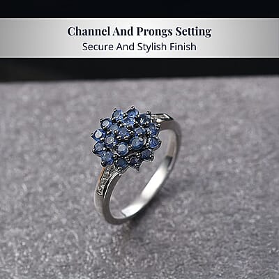 D'Joy Premium Ceylon Blue Sapphire and White Zircon 1.30 ctw Royal Bloom Ring in Rhodium Over Sterling Silver (Size 7.0)
