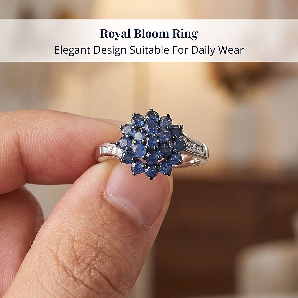 D'Joy Premium Ceylon Blue Sapphire and White Zircon 1.30 ctw Royal Bloom Ring in Rhodium Over Sterling Silver (Size 7.0) image number 4