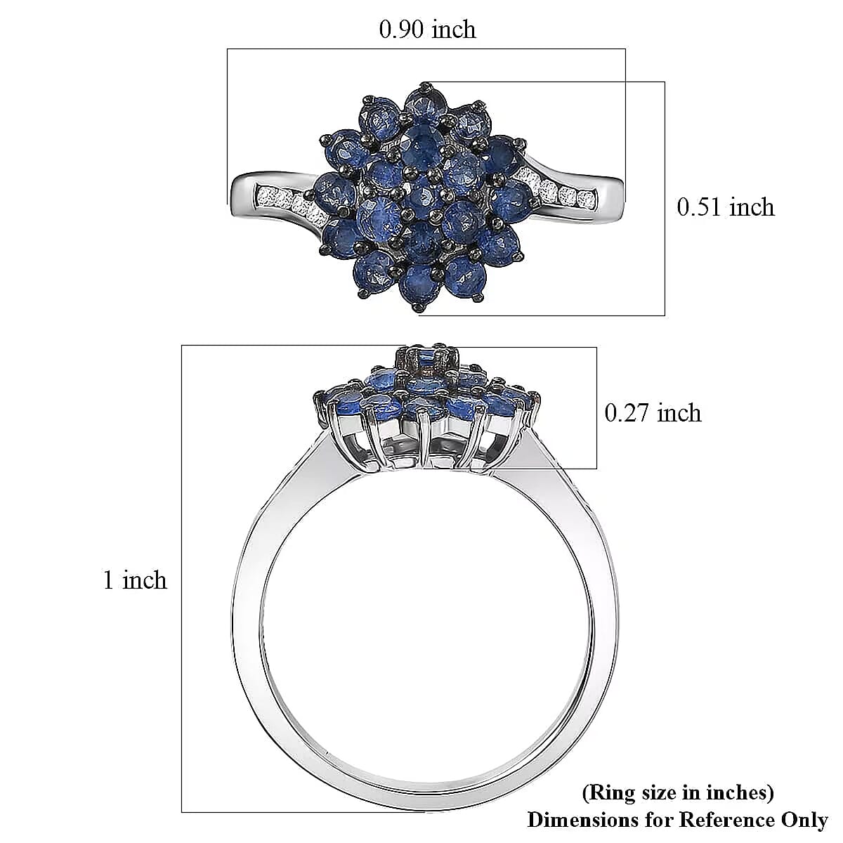 D'Joy Premium Ceylon Blue Sapphire and White Zircon 1.30 ctw Royal Bloom Ring in Rhodium Over Sterling Silver (Size 7.0) image number 5
