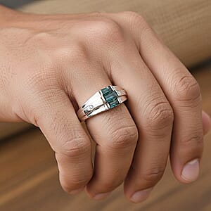 D'Joy  Pirineu Lagoon Tourmaline, Diamond Ring in Rhodium Over Sterling Silver 0.50 ctw (Size 10.0)