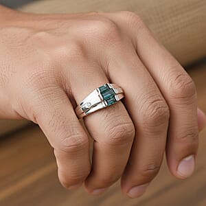 D'Joy  Pirineu Lagoon Tourmaline, Diamond Ring in Rhodium Over Sterling Silver 0.50 ctw (Size 12.0)