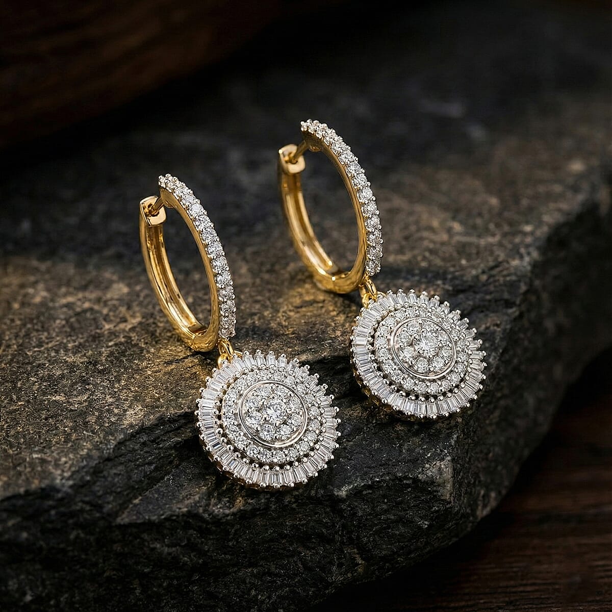 Luxuriant Lab Grown Diamond G-H SI 1.00 ctw Sunburst Halo Earrings in 18K Vermeil Yellow Gold Over Sterling Silver image number 1