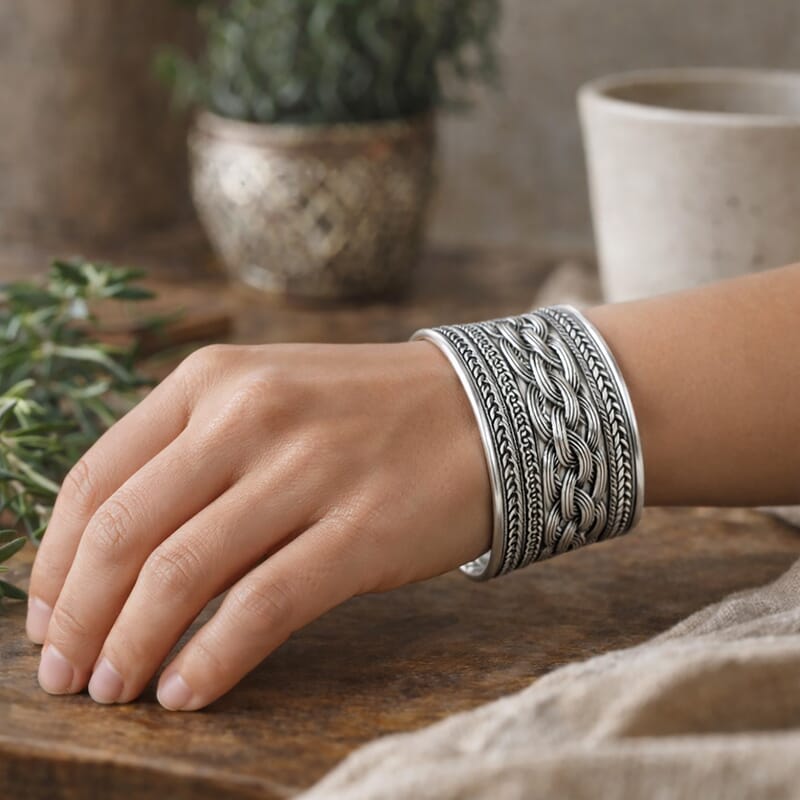 Handmade Braided Cuff Bracelet in Silvertone
