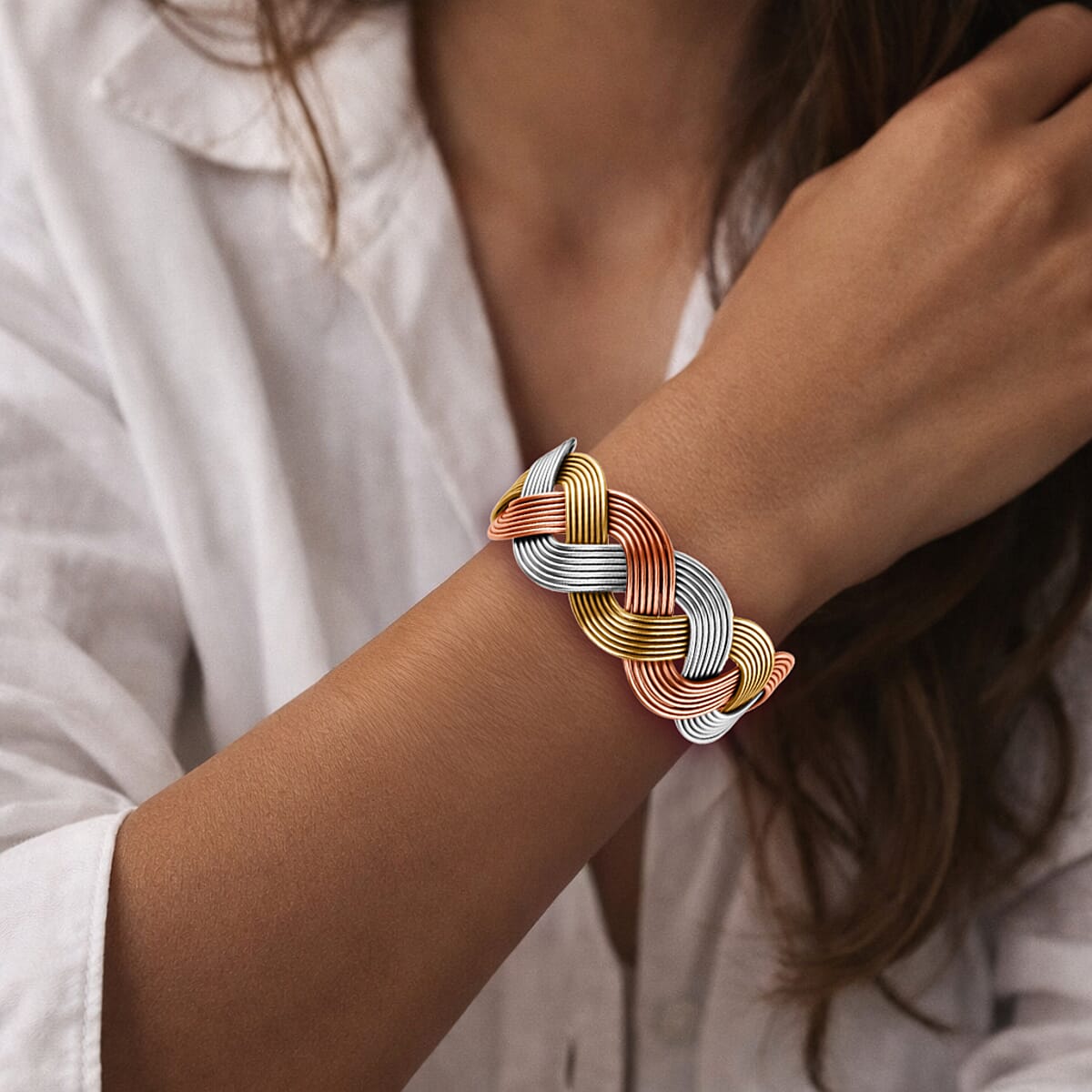 Handmade Criss Cross Cuff Bracelet in Tritone image number 1