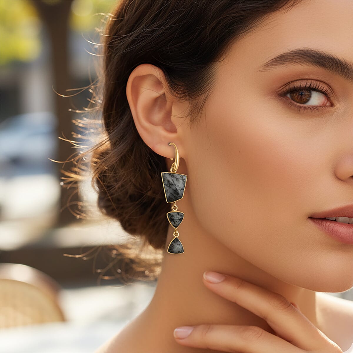 Dendrite Opal Dangle Earrings in Goldtone image number 2