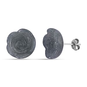 D'Joy Natural Olmec Jadeite 20.00 ctw Carved Rose Stud Earrings in Rhodium Over Sterling Silver