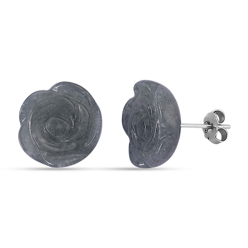 D'Joy Natural Olmec Jadeite 20.00 ctw Carved Rose Stud Earrings in Rhodium Over Sterling Silver