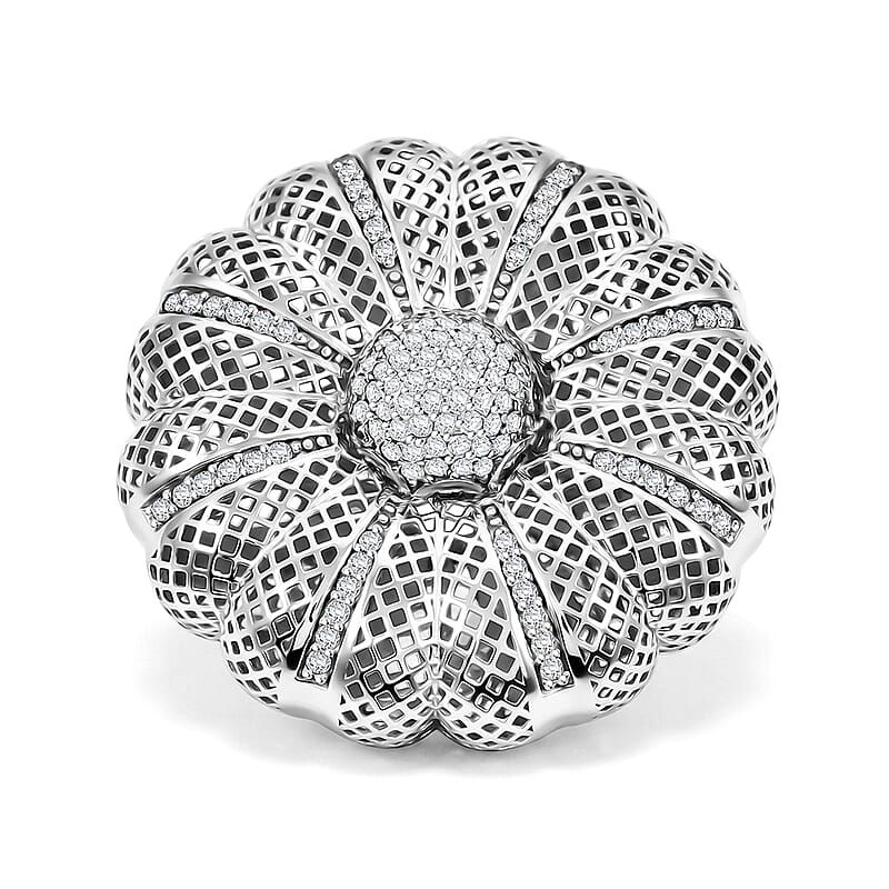 D'Joy Simulated Diamond Floral Ring in Rhodium Over Sterling Silver (Size 6.0)