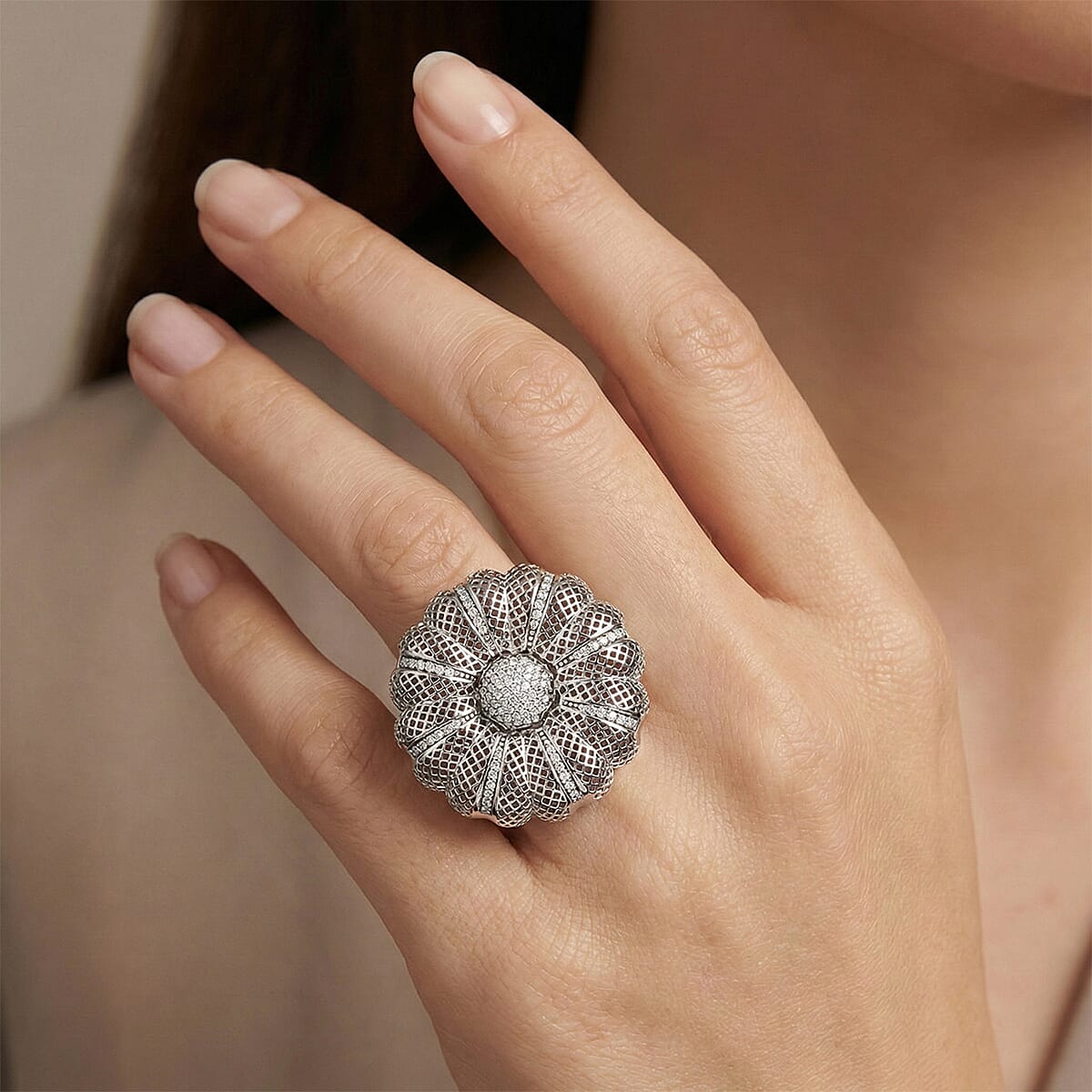 D'Joy Simulated Diamond Floral Ring in Rhodium Over Sterling Silver (Size 6.0) image number 2