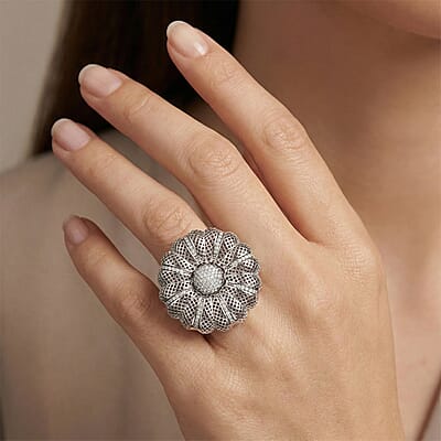 D'Joy Simulated Diamond Floral Ring in Rhodium Over Sterling Silver (Size 6.0)