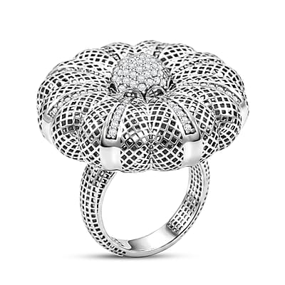 D'Joy Simulated Diamond Floral Ring in Rhodium Over Sterling Silver (Size 6.0)