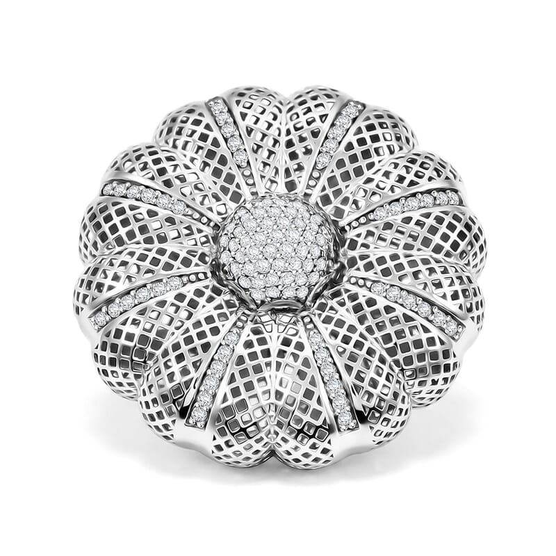 D'Joy Simulated Diamond Floral Ring in Rhodium Over Sterling Silver (Size 7.0)
