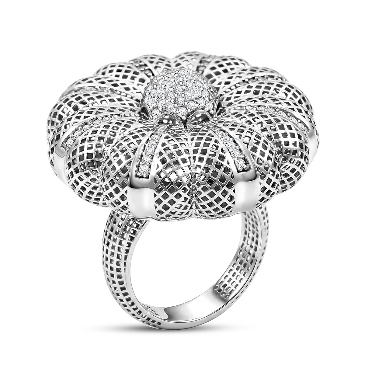 D'Joy Simulated Diamond Floral Ring in Rhodium Over Sterling Silver (Size 7.0) image number 3