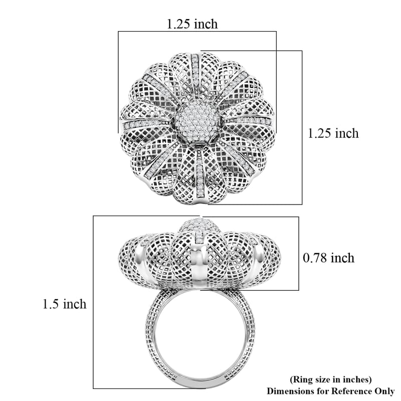 D'Joy Simulated Diamond Floral Ring in Rhodium Over Sterling Silver (Size 7.0)