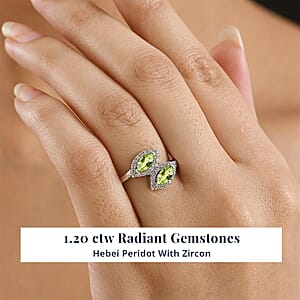 D'Joy Hebei Peridot, White Zircon Ring in Platinum Over Sterling Silver 1.20 ctw (Size 10.0)