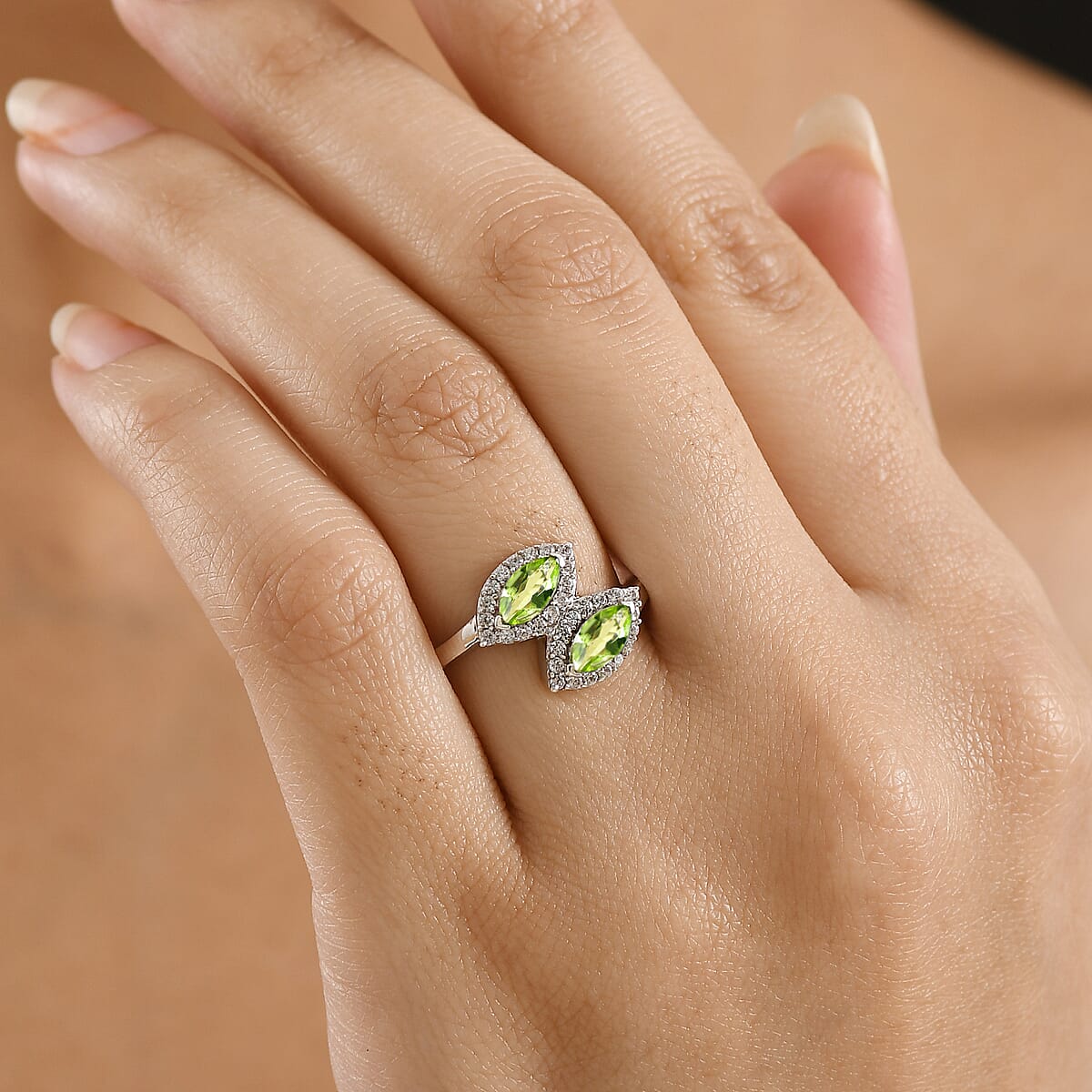 D'Joy Hebei Peridot, White Zircon Ring in Platinum Over Sterling Silver (Size 10.0) 1.20 ctw image number 2
