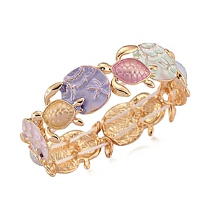 Multi Color Enameled Floral Bangle Bracelet in Goldtone (7-7.5In)  