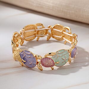 Multi Color Enameled Floral Bangle Bracelet in Goldtone (7-7.5In)  