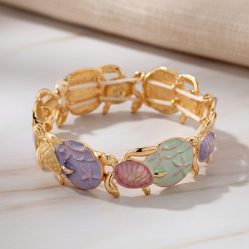 Multi Color Enameled Turtle and Starfish Bangle Bracelet in Goldtone (7-7.5In)  