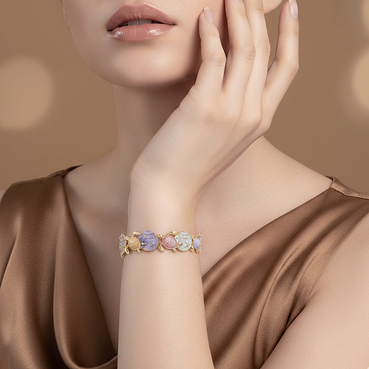 Multi Color Enameled Floral Bangle Bracelet in Goldtone (7-7.5In)   image number 2