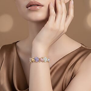 Multi Color Enameled Floral Bangle Bracelet in Goldtone (7-7.5In)  