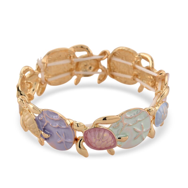Multi Color Enameled Turtle and Starfish Bangle Bracelet in Goldtone (7-7.5In)  