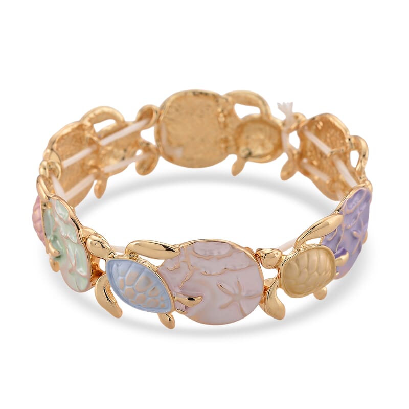Multi Color Enameled Turtle and Starfish Bangle Bracelet in Goldtone (7-7.5In)  