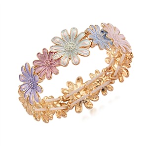 Multi Color Enameled Floral Bangle Bracelet in Goldtone (7-7.5In)  