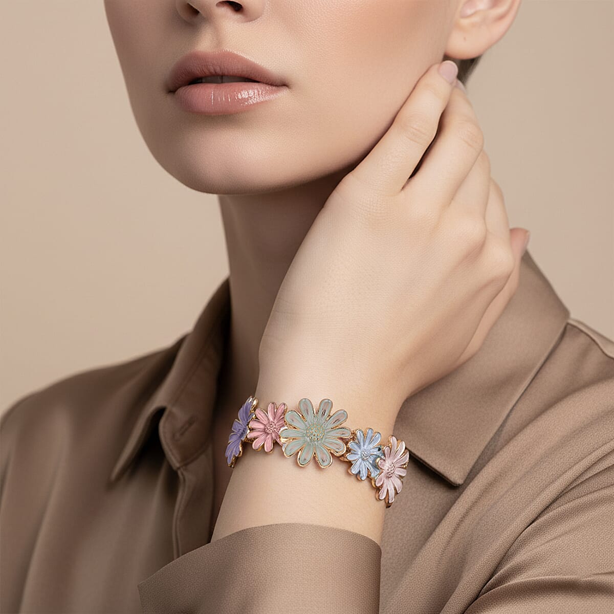 Multi Color Enameled Floral Bangle Bracelet in Goldtone (7-7.5In)   image number 2