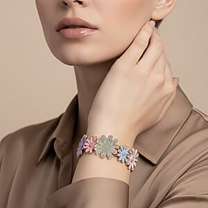 Multi Color Enameled Floral Bangle Bracelet in Goldtone (7-7.5In)  